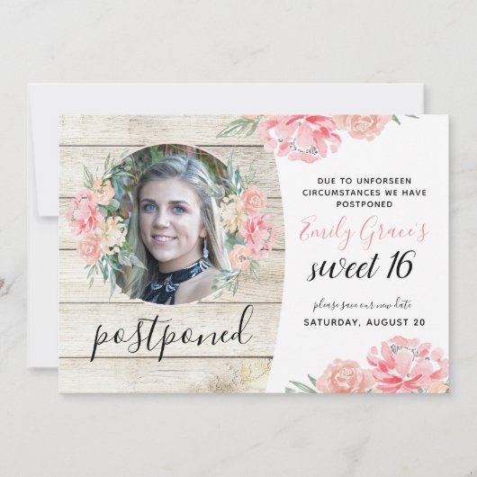 Invitation Douceur en bois rustique reportée 16 Sauvez la dat (Devant)