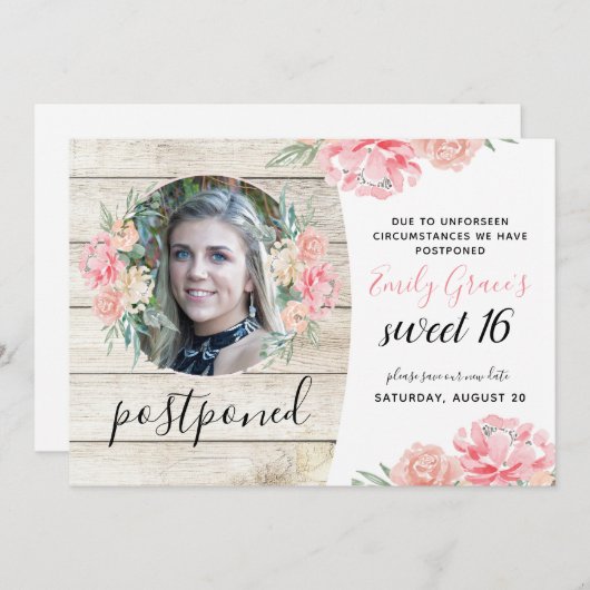 Invitation Douceur en bois rustique reportée 16 Sauvez la dat (Devant / Derrière)