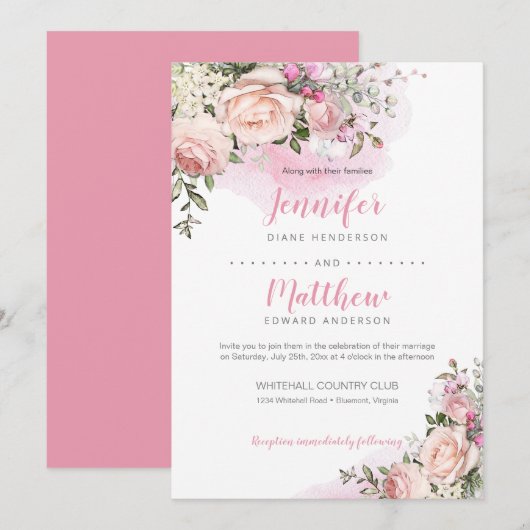 Invitation Douceur rose | Fond rose | Mariage (Devant / Derrière)