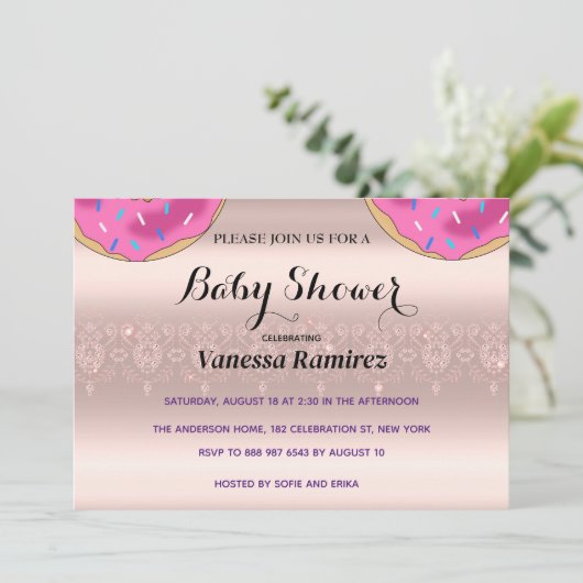 Invitation Douceurs beignets, cadeau de bébé rose gold (Debout devant)