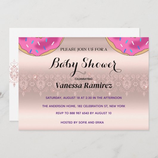 Invitation Douceurs beignets, cadeau de bébé rose gold (Devant / Derrière)