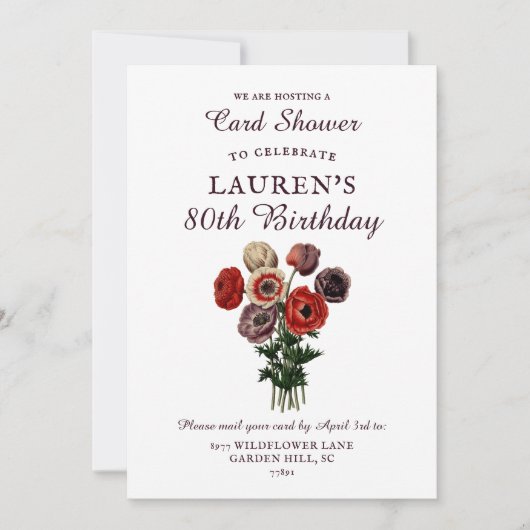 Invitation Douche à bouquet de fleurs par courrier 80e annive (Devant)