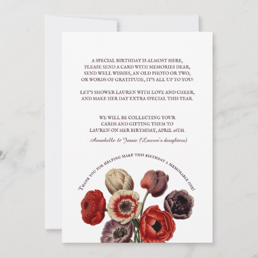 Invitation Douche à bouquet de fleurs par courrier 80e annive (Dos)