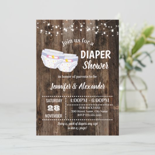 Invitation Douche à couches pour bébé rustique (Debout devant)