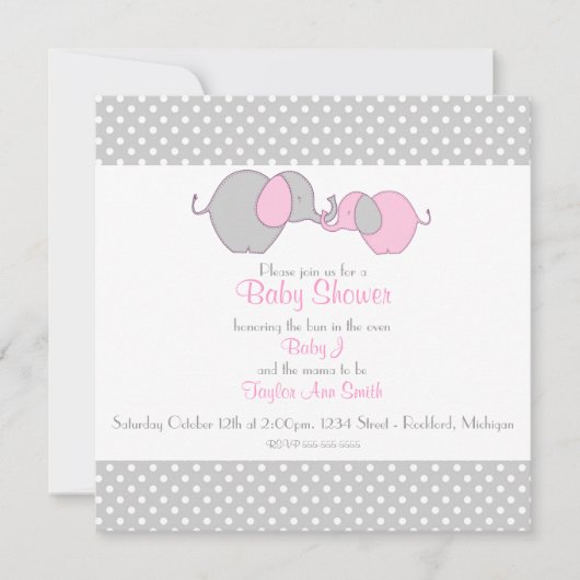 Invitation Douche à éléphant gris et rose (Devant)
