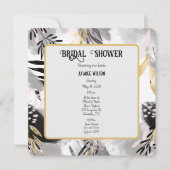 Invitation Douche à feuilles noires, grises et dorées (Devant)