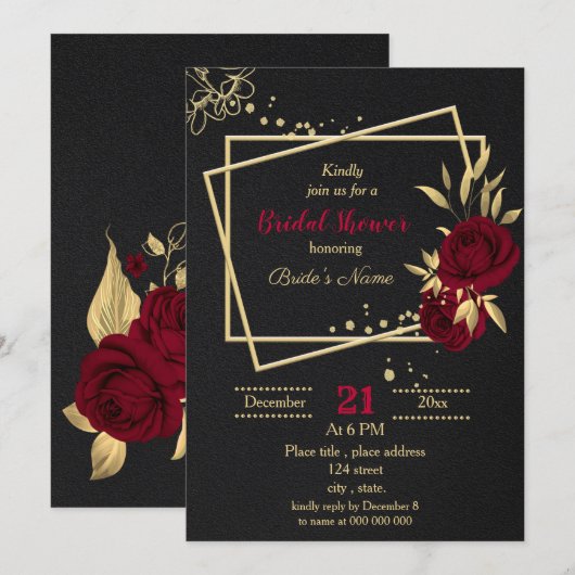 Invitation douche à nuptiale noire à fleurs d'or bordeaux (Devant / Derrière)