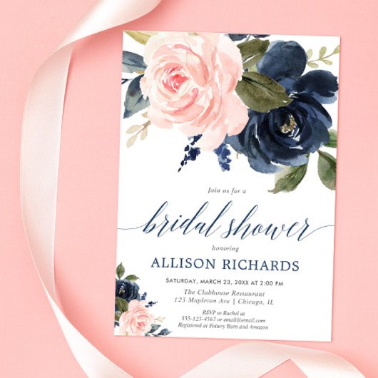 Invitation Douche à nuptiale rose et bleu marine