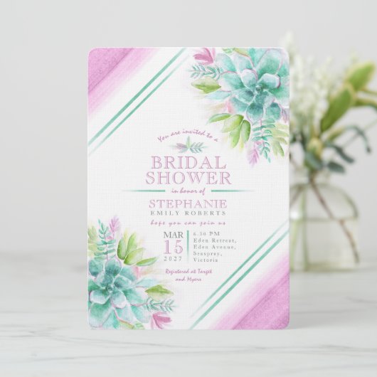 Invitation Douche à nuptiale Succulente couleur vert pourpre (Debout devant)