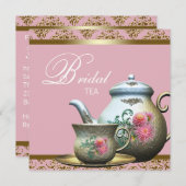 Invitation Douche à thé pour mariée rose or Damas (Devant / Derrière)