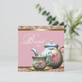 Invitation Douche à thé pour mariée rose or Damas (Debout devant)