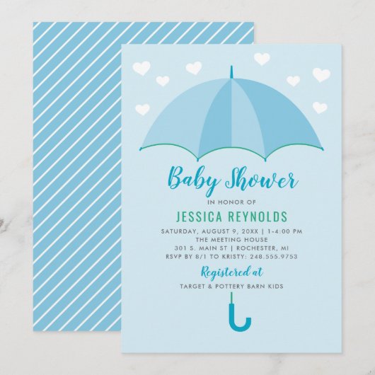 Invitation Douche avec Amour Baby shower parapluie bleu (Devant / Derrière)