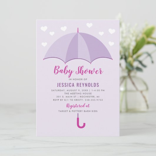 Invitation Douche avec Baby shower parapluie mauve Amour (Debout devant)