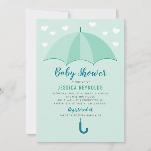 Invitation Douche avec Baby shower parapluie vert à la menthe (Devant)