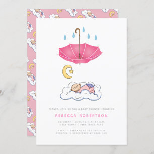 Invitation Douche bébé fille endormie rose parapluie mignon