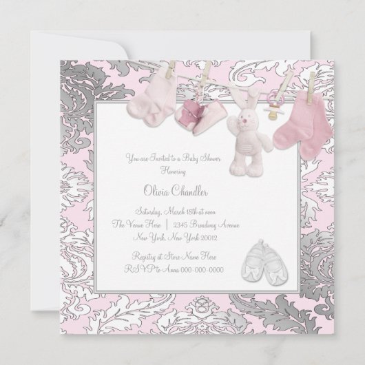 Invitation Douche bébé fille rose Clothesline (Dos)