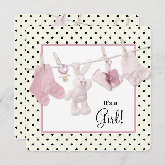 Invitation Douche bébé fille rose Clothesline (Devant / Derrière)