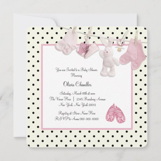Invitation Douche bébé fille rose Clothesline (Dos)