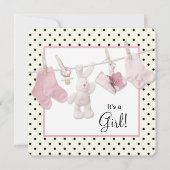 Invitation Douche bébé fille rose Clothesline (Devant)
