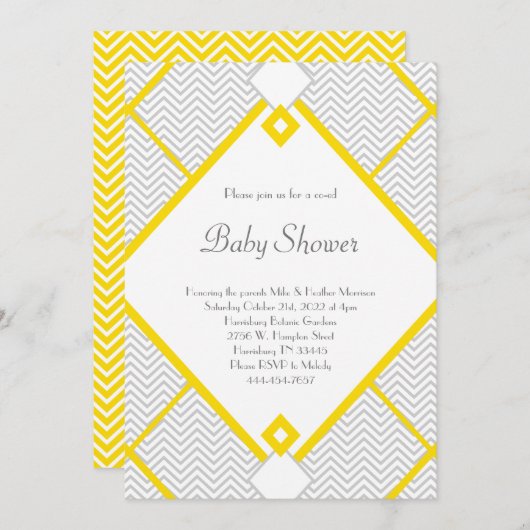 Invitation Douche bébé jaune et gris Co-Ed Genre Neutre (Devant / Derrière)