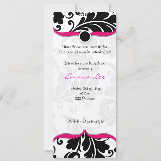 Invitation Douche bébé jumelle noire et blanche Damask avec r (Devant)