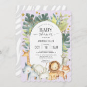 Invitation Douche bébé mignonne avec thème Safari violet (Devant / Derrière)