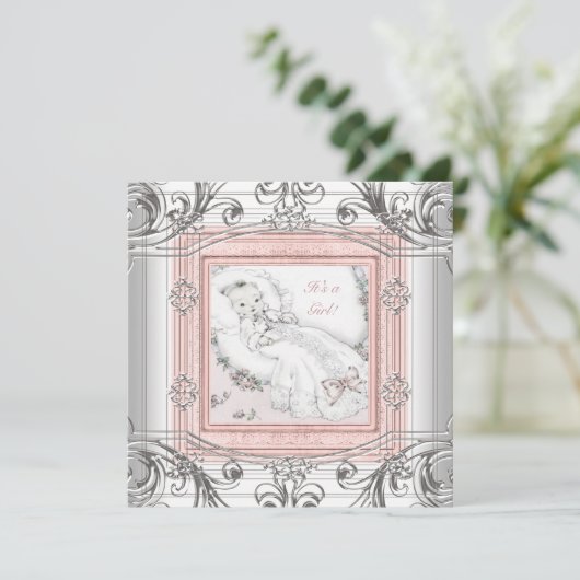 Invitation Douche bébé rose et argent (Debout devant)