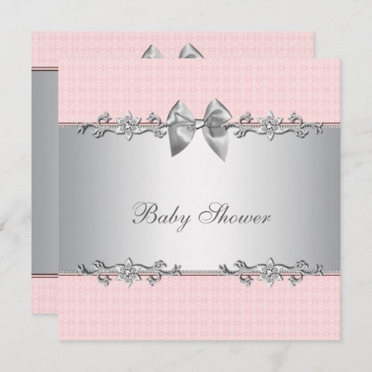 Invitation Douche bébé rose et gris (Devant / Derrière)