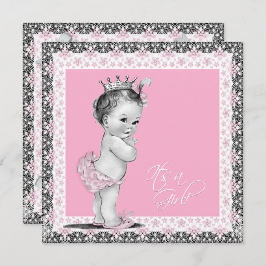 Invitation Douche bébé rose et gris (Devant / Derrière)