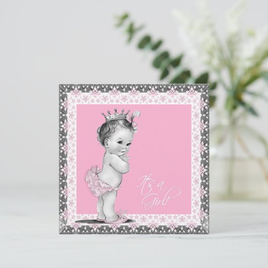 Invitation Douche bébé rose et gris (Debout devant)