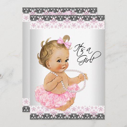 Invitation Douche bébé rose et gris (Devant / Derrière)