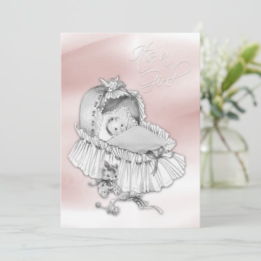 Invitation Douche bébé rose et gris doux Douche fille (Debout devant)