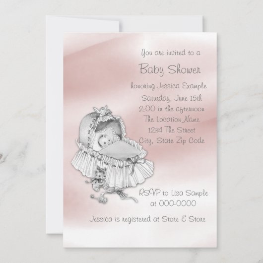 Invitation Douche bébé rose et gris doux Douche fille (Dos)