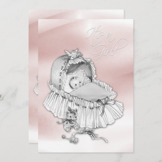 Invitation Douche bébé rose et gris doux Douche fille (Devant / Derrière)