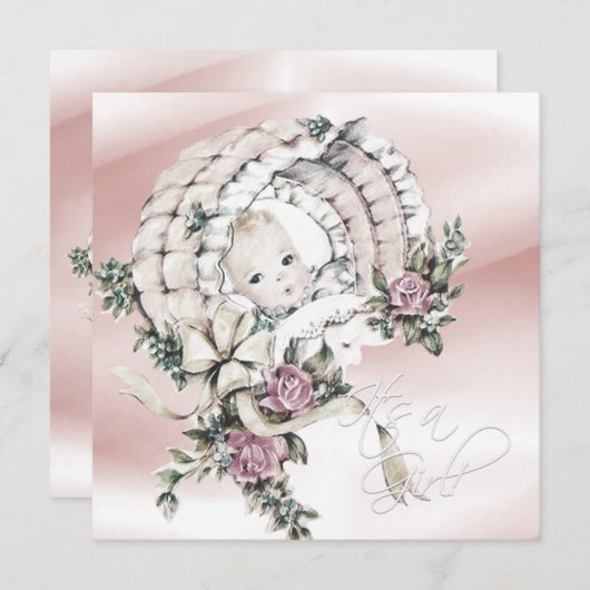 Invitation Douche bébé rose et gris doux Douche fille (Devant / Derrière)