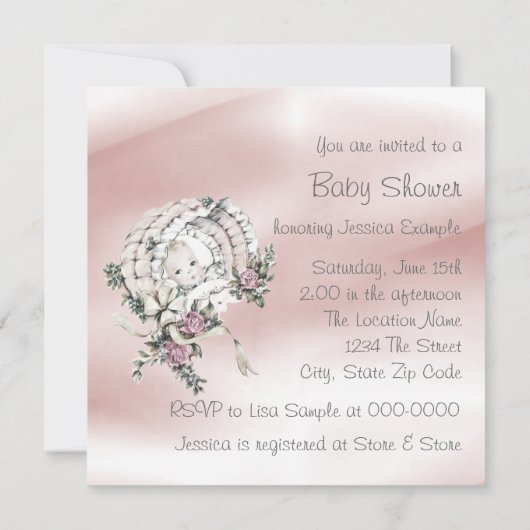 Invitation Douche bébé rose et gris doux Douche fille (Dos)