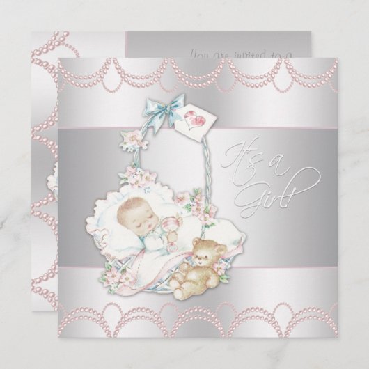 Invitation Douche bébé rose Vintage doux (Devant / Derrière)
