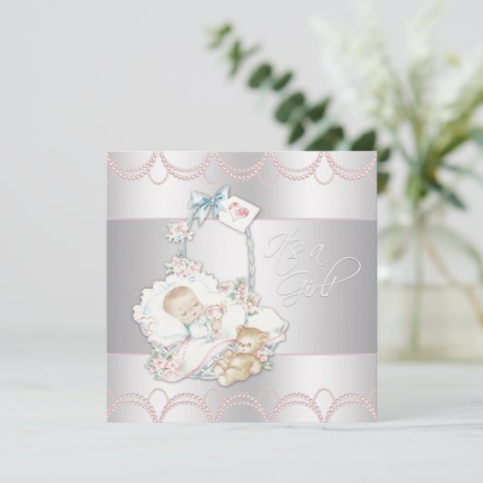 Invitation Douche bébé rose Vintage doux (Debout devant)