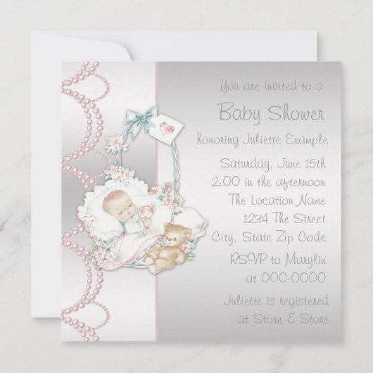 Invitation Douche bébé rose Vintage doux (Dos)