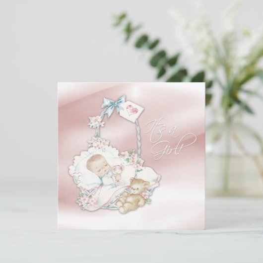 Invitation Douche bébé rose Vintage doux (Debout devant)