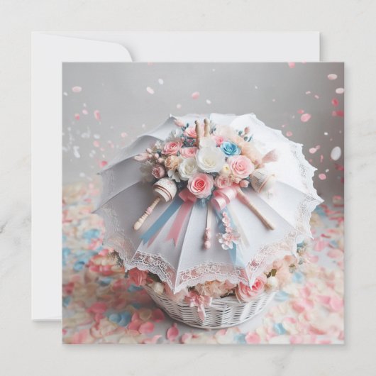 INVITATION DOUCHE BLANCHE CLASSÉE FLEURS EN PARAPLUIE, BABY R (Devant)