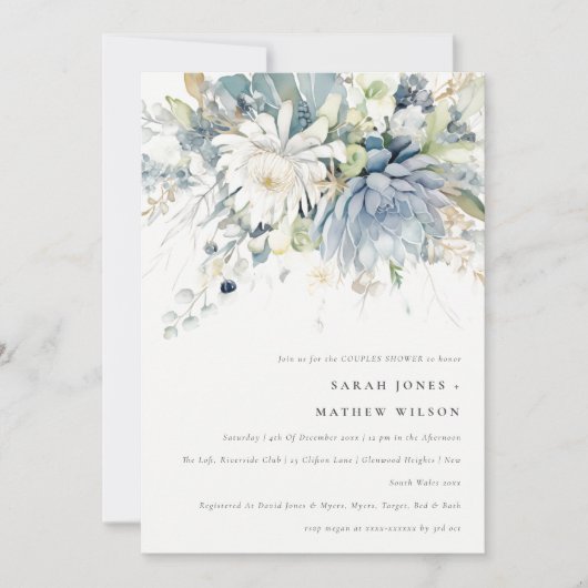 Invitation Douche bleu doux Vert Succulent Floral Couples Dou (Devant)
