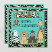 Invitation Douche bleue de bébé d'animaux mignons de safari (Devant / Derrière)