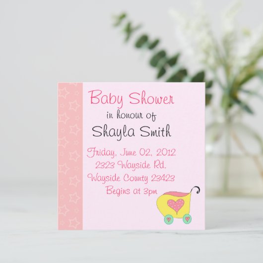 Invitation Douche Buggy pour bébé rose (Debout devant)