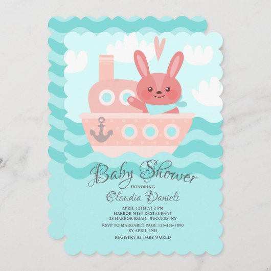 Invitation Douche Bunny Voyager rose (Devant / Derrière)