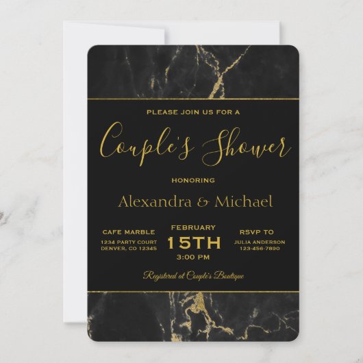 Invitation Douche Couple's Elegant Noir & Or Marbre (Devant)