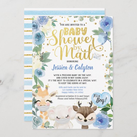 Invitation Douche Covid Boy Par Mail Pandemic Woodland Animal (Devant / Derrière)