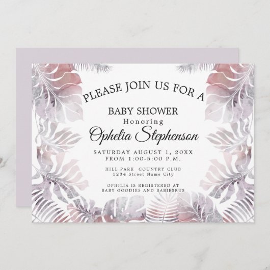 Invitation Douche d'aquarelle moderne Rose rose mauve (Devant / Derrière)