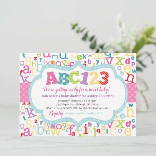 Invitation Douche de bébé d'alphabet (Debout devant)