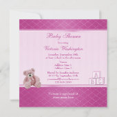 Invitation Douche de bébé de nounours rose et de blocs (Dos)